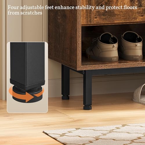 Yaheetech Shoe Storage Cabinet with Doors, Farmhouse Shoe Cabinet with 2 Adjustable Shelves and 4 Side Hooks, Wooden Shoe Rack Organizer Cabinet for Entryway, Foyer, Hallway, Rustic Brown Yaheetech