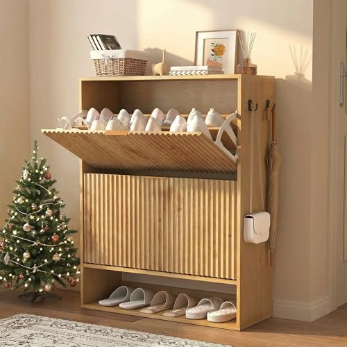 Takywep Fluted Shoe Cabinet Storage for Entryway with 2 Flip Drawers & Bottom Open Shelf, Narrow Shoe Rack Cabinet with Side Hooks, Freestanding Slim Shoe Organizer Cabinet for Foyer, Hallway, Oak Takywep