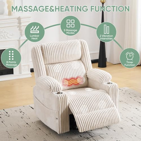 Power Recliner Chair with Massage and Heat, Oversized Swivel Rocker Recliner for Adults with Adjustable Headrest, Nursery Glider with Arm Storage and Cup Holder, Beige RUTOX