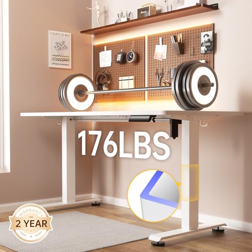 Veken 47.2 Inch Large Electric Standing Desk, Heights Adjustable, Sit to Stand Up, Work Home Office Computer Table for Study, Walking Pad, Writing, and Games, Wooden Desktop Desks, White Veken