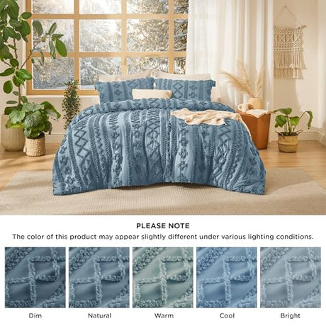 Bedsure Tufted Boho Comforter Set King Size - Grayish Blue Boho Bed Set, GentleSoft™ 3 Pieces Farmhouse Shabby Chic Embroidery Bedding, Gifts for Woman, Soft Jacquard King Comforter for All Seasons Bedsure