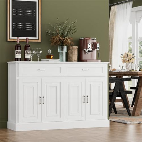 FACBOTALL Sideboard Buffet Cabinet with Storage, 55.1" Large Kitchen Storage Cabinet with 2 Drawers and 4 Doors, Farmhouse Coffee Bar for Kitchen Dining Room, White FACBOTALL