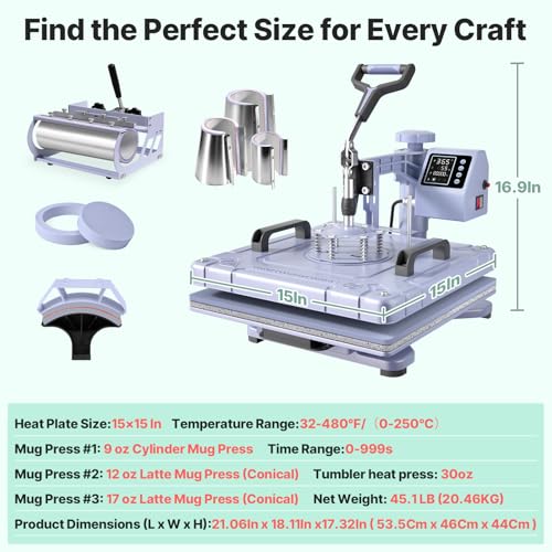 Slendor 8 in 1 Heat Press Machine 15x15 inch 360-Degree Swing Away Digital T Shirt Pressing Machine Multifunction Heat Transfer Sublimation Combo for T Shirts Mugs Hat Plate Cap, Lavender Slendor