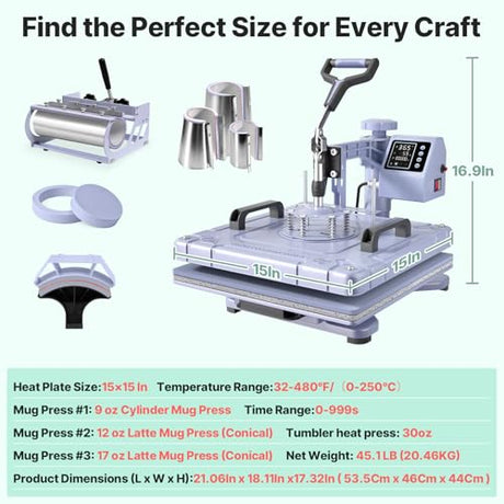 Slendor 8 in 1 Heat Press Machine 15x15 inch 360-Degree Swing Away Digital T Shirt Pressing Machine Multifunction Heat Transfer Sublimation Combo for T Shirts Mugs Hat Plate Cap, Lavender Slendor
