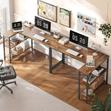 Huuger L Shaped Computer Desk with Reversible Storage Shelves, Gaming Corner Desk for Home Office, Writing Study Desk with Metal Frame, Rustic Brown Huuger