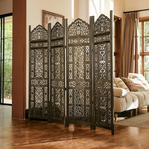 5.75Ft Room Divider Wood Screen, 33Lbs Durable Antiqued Style MDF Carved Headboard, Reversible Freestanding Folding Partition Paravent for Home Terrace, 69 * 71 inch(H*W) - 4 Panels (Antique Brown) Svimi