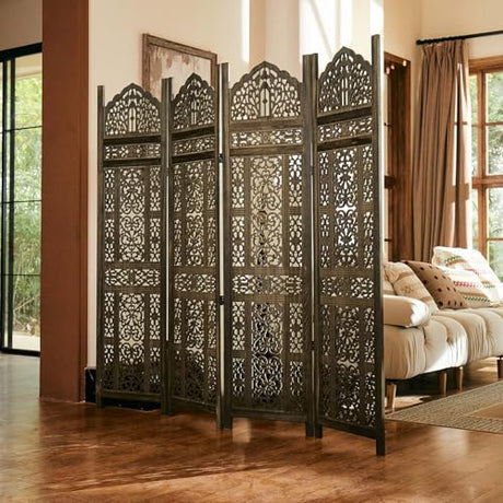 5.75Ft Room Divider Wood Screen, 33Lbs Durable Antiqued Style MDF Carved Headboard, Reversible Freestanding Folding Partition Paravent for Home Terrace, 69 * 71 inch(H*W) - 4 Panels (Antique Brown) Svimi