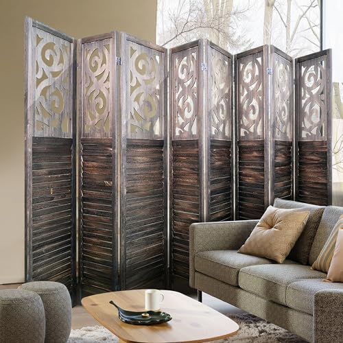 Grungis 8 Panel Room Divider 5.6FT Wood Carved Room Dividers, Folding Privacy Screens Portable Freestanding Partition Wall Dividers for Bedroom, Office, Rustic Brown Grungis