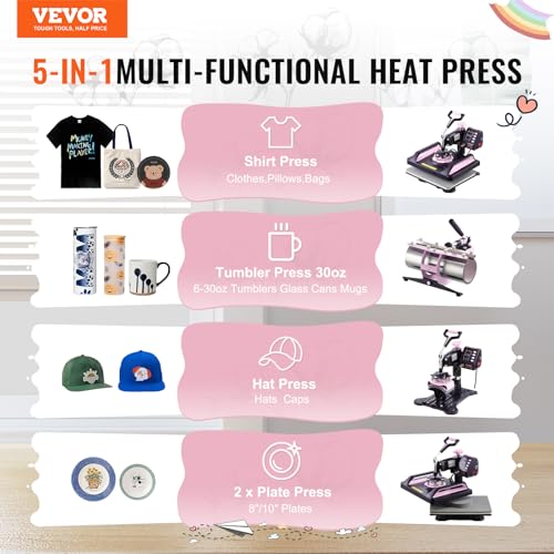 VEVOR Heat Press Machine, 5 in 1 Heat Transfer Machine with 30 oz Tumbler Press, 12 x 15 inch, 360° Swing Away T-Shirt Pressing, Digital Precise Control, for T-Shirts/Mugs/Hats/Plates, Black+ - WoodArtSupply