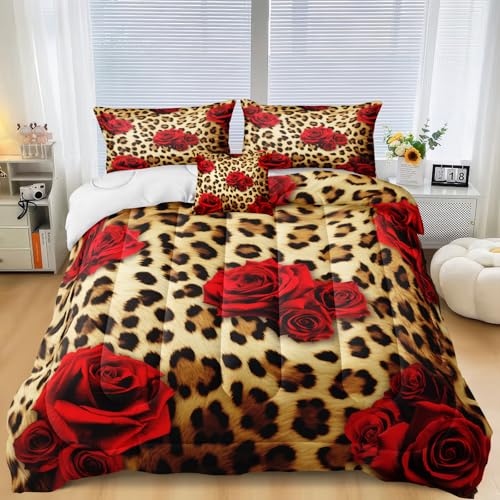 MOVE OVER Cheetah Print Comforter Set King Size Red Rose Flower Bedding Set 4 Pieces Ultra Soft Microfiber Romantic Rose and Leopard Print Comforter Sets for Women and Female MOVE OVER