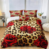 MOVE OVER Cheetah Print Comforter Set King Size Red Rose Flower Bedding Set 4 Pieces Ultra Soft Microfiber Romantic Rose and Leopard Print Comforter Sets for Women and Female MOVE OVER