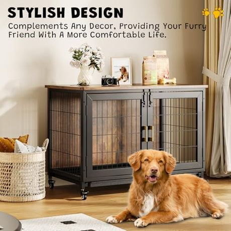37.5 Inch Wooden Dog Crate with Wheels - Furniture Style Pet Kennel for Small to Medium Dogs Up to 66 Lbs - Multi-Purpose Removable Tray, Decorative Indoor Dog House, Sturdy & Stylish Design Hipicute