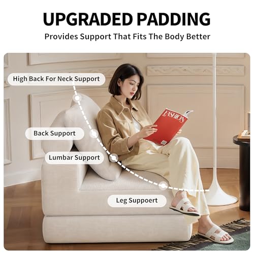 Lumbershed Folding Sofa Bed, 3-in-1 Convertible Sleeper Chair Bed with Pillows, Foldable Floor Couch with High-Density Foam, Futon Small Boneless Couch for Living Room Bedroom Lounge, Single, White Lumbershed