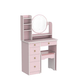 FUFU&GAGA Pink Vanity Set with Round Lighted Mirror, Makeup Vanity Dressing Table with 5 Drawers, Shelves, Dresser Desk and Cushioned Stool FUFU&GAGA