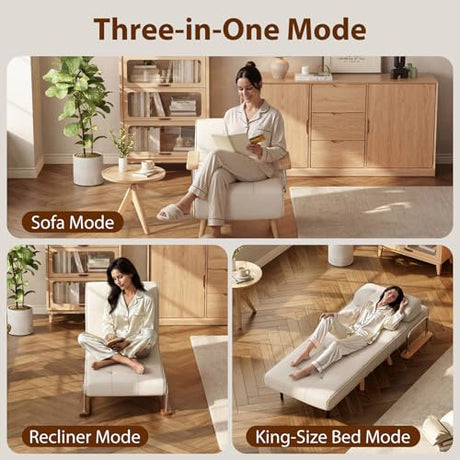 3 in 1 convertible sleeper sofa bed - Portable Rollaway Guest Bed Space-Saving Foldable Design for Easy Storage Futon Chair with 6-Level Adjustable Backrest for Guest Room Apartment Dorm, Cream Beige TIMBERKNOWS