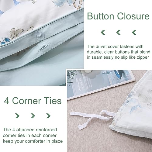 URBONUR Full Size Duvet Cover Sets Light Blue Garden Floral Bedding Comforter Cover, Ultra-Soft & Breathable Duvet Sets for All Season, Button Closure & Corner Ties URBONUR