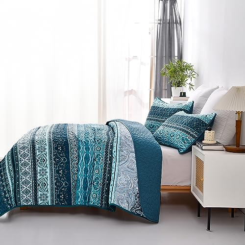 WONGS BEDDING Boho Queen Quilt Set, Blue Bohemian Queen Quilt Bedding Set, Lightweight Microfiber Bed Decor Bedspread for All Season 96"x90"(3 Pieces) WONGS BEDDING