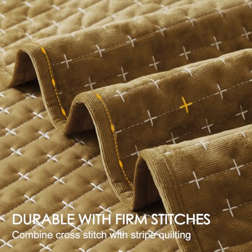 Powdion Velvet Quilt King Size,Bedspread Quilted Bedding Set,Luxurious Soft Coverlet Set Lightweight Velvet Comforter with Pillow Shams Brown, 96x106 Cross Stitch Striped Quilt Set Powdion