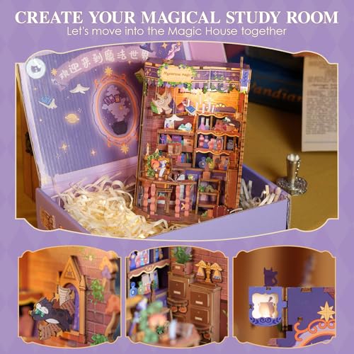 MOMIBOOK Book Nook Kit 153 Pcs DIY Miniature Dollhouse Kit for Adults, 3D Wooden Puzzle Mini Booknook Bookend Bookshelf Decor, Tiny House Model, Party Christmas Birthday Gifts, Fingertip Magic Cabin