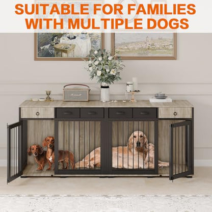 68" Dog Crate Furniture for 2 Dogs,Indoor L-Shaped Corner Wooden Furniture Style Combined Dog Crate Kennel with Fabric Drawers&Removable Divider for Small to Medium Dogs,Can Use Separately