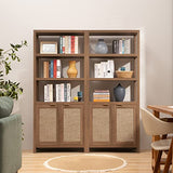SICOTAS 5-Tier Rattan Boho Bookshelf with Doors - Tall Oak Bookcase for Stylish Storage SICOTAS