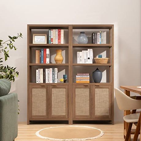 SICOTAS 5-Tier Rattan Boho Bookshelf with Doors - Tall Oak Bookcase for Stylish Storage SICOTAS
