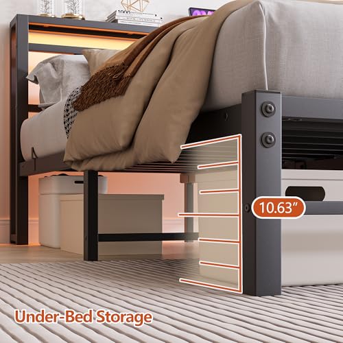 Maliacife Full Size Bed Frame with Headboard,LED Light and Charging Station with Wood Shelves,Metal Platform Bed with Heavy Duty Slats Support,No Box Spring Needed,Easy Assembly,Noise Free,Black Maliacife