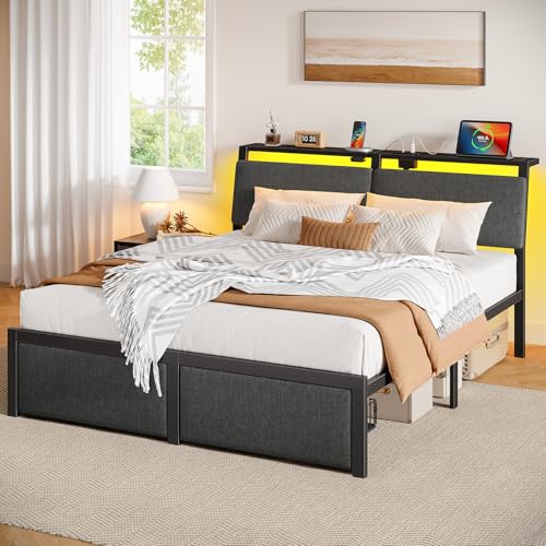 Rolanstar Full Size Bed Frame with Ergonomic Headboard Storage & Charging Station, Upholstered Platform Bed with LED Light & Drawer, Heavy Duty Metal Slats, Noise Free, No Box Spring Needed, Grey Rolanstar
