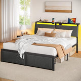 Rolanstar Full Size Bed Frame with Ergonomic Headboard Storage & Charging Station, Upholstered Platform Bed with LED Light & Drawer, Heavy Duty Metal Slats, Noise Free, No Box Spring Needed, Grey Rolanstar