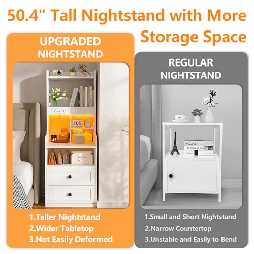 EnHomee Tall Nightstand with Charging Station and LED Lights - Stylish White Nightstand with 2 Drawers and Shelves - WoodArtSupply