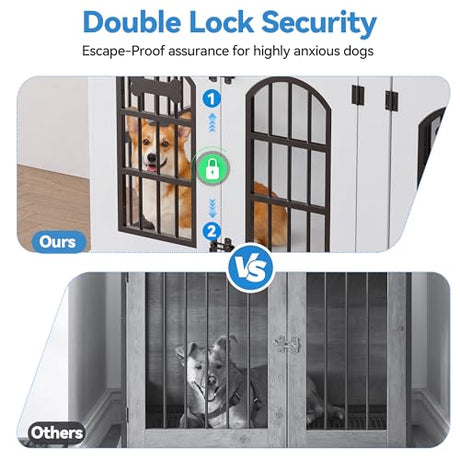 Petrova 63" Dog Crate Furniture for 2 Dogs, Heavy Duty Indoor Dog Kennel for Medium/Large Dogs, Wooden Dog Cage with Removable Divider, 6 Lockable Wheels, Storage Compartment, White Petrova