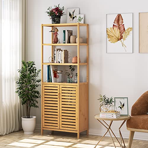 HIFIT Bamboo Tall Storage Cabinet with 2 Doors and 3 Tiers for Bathroom and Home Organisation HIFIT