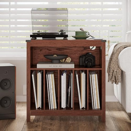 ChooChoo Large Record Player Stand with Charging Station & LED Light, Vinyl Record Holder hold up to 300 Albums, Farmhouse End Table for Bedroom, Living Room, Walnut ChooChoo