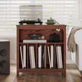 ChooChoo Large Record Player Stand with Charging Station & LED Light, Vinyl Record Holder hold up to 300 Albums, Farmhouse End Table for Bedroom, Living Room, Walnut ChooChoo