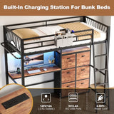 Decofy Twin Metal Loft Bed with Desk, 6 Storage Cabinet, LED Light Bunk Bed Frame Twin Size with Charging Station, No Box Spring Needed, Extra Wide Stair Treads&Safety Ladder, Hanging Rod&Guardrail Decofy