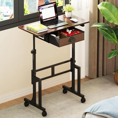 Adjustable Height Standing Desk With Drawer, Rolling Sit Stand Up Desk With Wheels, Small Sit To Stand Computer Desk, Adjustable Desktop Height, On Wheels, Brown, For Walking Pad Laptop Treadmill Cidaziya