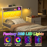 Weehom Twin Bed Frames with Headboard, Metal Bed Frame with 2-Tier Shelves Storage, Modern Twin Platform Bed with Charging Station & LED Lights - No Box Spring Needed, White Weehom