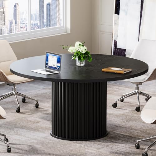 Tribesigns 47-Inch Round Conference Table, Black Meeting Table for 4-6 People, Small Office Desk with Sturdy Metal Base, Perfect for Conference Room or Small Workspaces, Black Tribesigns