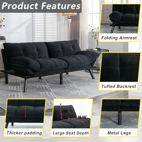 71" Velvet Futon Couch Bed with Mattress Included,Convertible Folding Sleeper Sofa Bed with Adjustable Backrests,Modern Loveseat Sleeper for Living Room Bedroom Small Space Home Office (Black) MWrouqfur