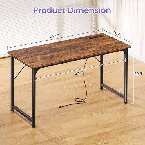 PRAISUN 47 X 20 Inch Office Computer Desk with Power Outlets and USB-C Port, Larger Gaming Desk, for Home Office, Study, Bedroom, Writing Work from Home Table, Metal Frame, Rustic Brown PRAISUN