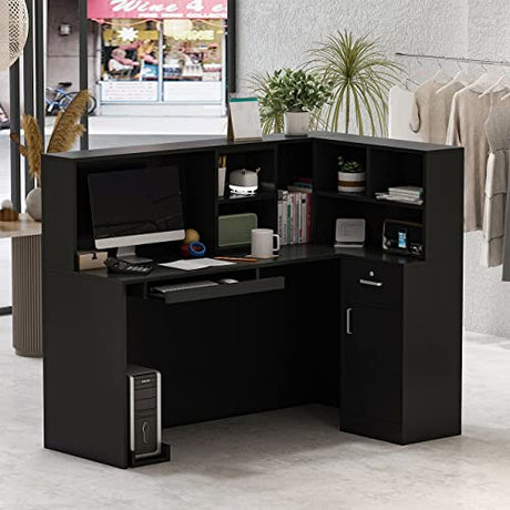 AIEGLE L-Shaped Reception Desk Counter Table with Lockable Drawers & Storage Shelves, Private Workstation for Salon Reception Room Checkout Office, Black (55.9" L x 32.3" W x 48.4" H) AIEGLE