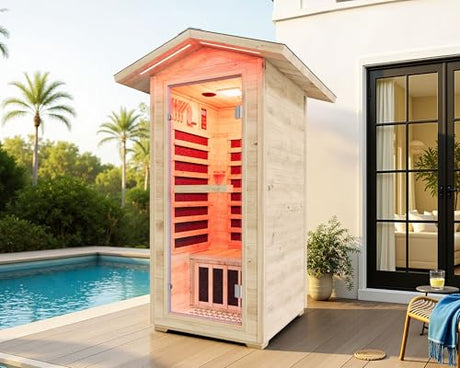 Albott Outdoor Sauna 1 Person, Infrared Saunas for Home, Low EMF 110V Spruce Wood Dry Sauna with Tourmaline Stone Foot Warmer, 7-Color Light Therapy & 2 Bluetooth Speakers, 33.5"x35.4"x78.7" Albott