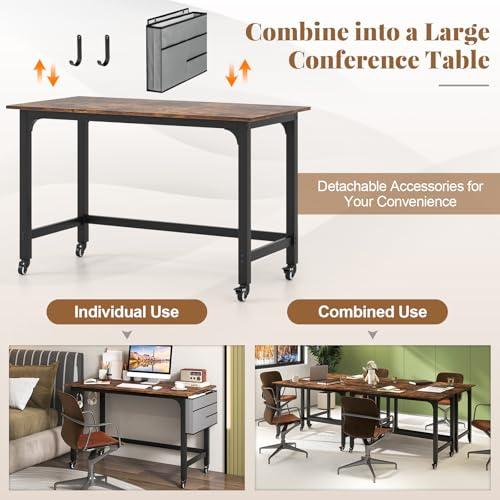 Giantex 8FT Conference Table, 4 PCS 48" Rectangular Mobile Meeting Room Desk with Removable Storage Bag & 2 Hanging Hooks, Rolling Modern Seminar Table for Office Conference Room, Rustic Brown Giantex