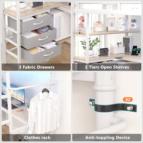 Jocoevol Twin Size Loft Bed with L-Shaped Desk, LED Lights,Charging Station, Industrial Heavy Duty Metal Loft Bed Frame with 3 Storage Shelves and 3 Fabric Drawers, Safety Guard & Ladder, White Jocoevol