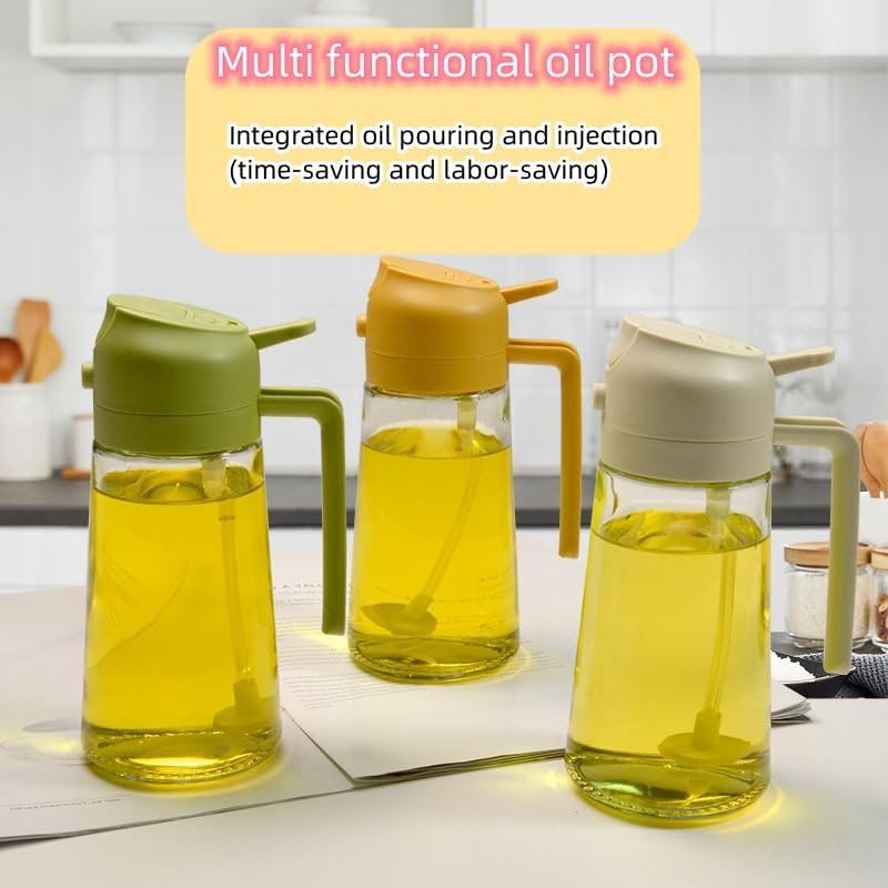 Gleec 2 in 1 glass olive oil filling bottle, 2 in 1 cooking oiler, spray, kitchen press fuel injector, used for salad making, baking, frying, barbecue, kitchen gadgets (470ml) (yellow) Gleec