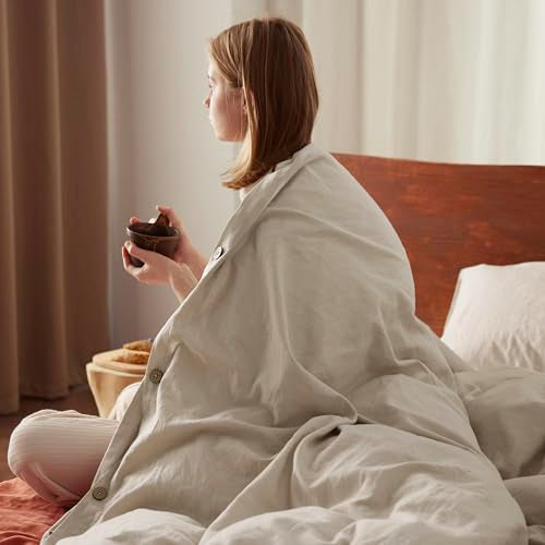 Bedsure Linen Duvet Cover Queen Size - Linen Cotton Blend Bedding Set, Soft & Cozy, 3 Pieces, 1 Duvet Cover 90x90 Inches and 2 Pillowcases, Natural Color Cooling Bedding, Comforter Sold Separately Bedsure