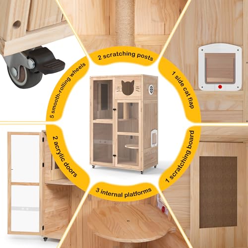 Nyeekoy Large Wooden Cat House on Wheels, Indoor Cat Villa with Condo, Multi Platforms, Scratchers, Vent, Litter Box Area, Clear Doors, Cat Cage Enclosure for Kittens & Adult Cats (Natural Wood) Nyeekoy