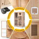 Nyeekoy Large Wooden Cat House on Wheels, Indoor Cat Villa with Condo, Multi Platforms, Scratchers, Vent, Litter Box Area, Clear Doors, Cat Cage Enclosure for Kittens & Adult Cats (Natural Wood) Nyeekoy