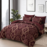 WONGS BEDDING Burgundy Comforter Set Queen Size, Maroon Damask Texture 7 Pieces Bed in a Bag Microfiber Comforter Bedding Sets -1 Comforter, 1 Flat Sheet, 1 Fitted Sheet, 2 Pillow Shams, 2 Pillowcases WONGS BEDDING