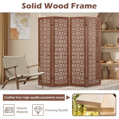 Giantex 4 Panels Room Divider - Folding Room Dividers with Carved Cutout Pattern & Solid Wood Frame, Fully Assembled, 5.5FT Antique Partition Privacy Screen Wall Divider for Room Separation, Brown Giantex
